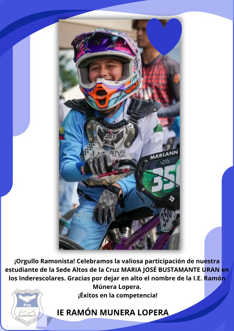 CELEBRAMOS LA VALIOSA PARTICIPACION DE NUESTRA ESTUDIANTE DE LA SEDE ALTOS DE LA CRUZ 
MARIA JOSE BUSTAMANTE URAN EN LOS INDERESCOLARES.
GRACIAS POR DEJAR EN ALTO EL NOMBRE DE LA IE.
¡EXITOS EN LA COMPETENCIA!